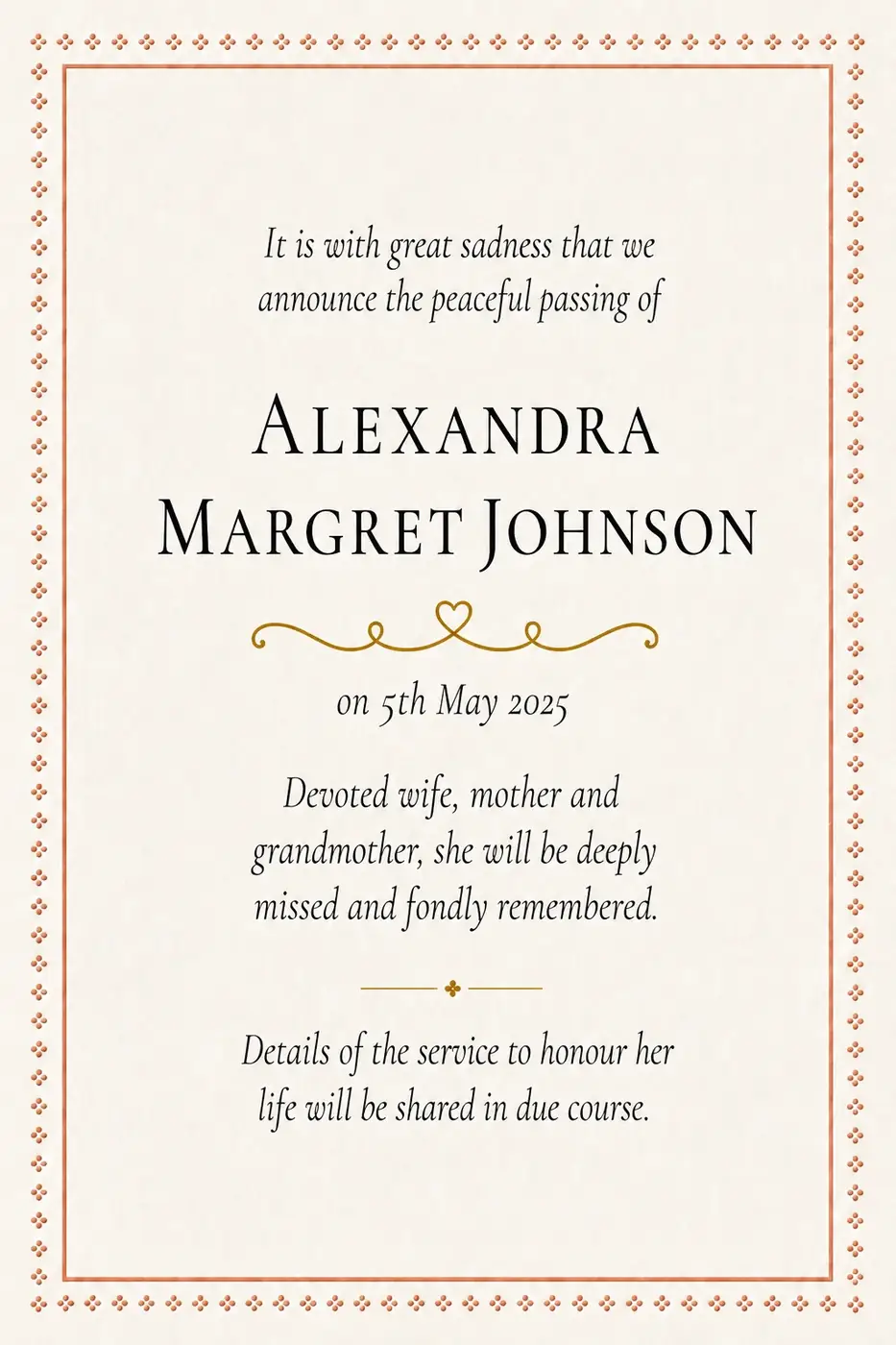 Traditional death notice frame with a navy Greek-key border