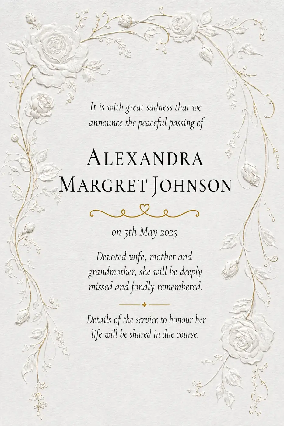 Traditional death notice frame with a fine gold border and delicate corner sprigs