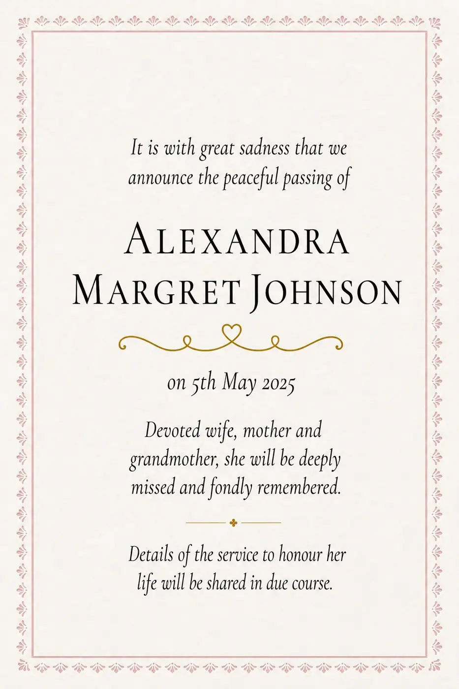 Traditional death notice frame with a simple navy border