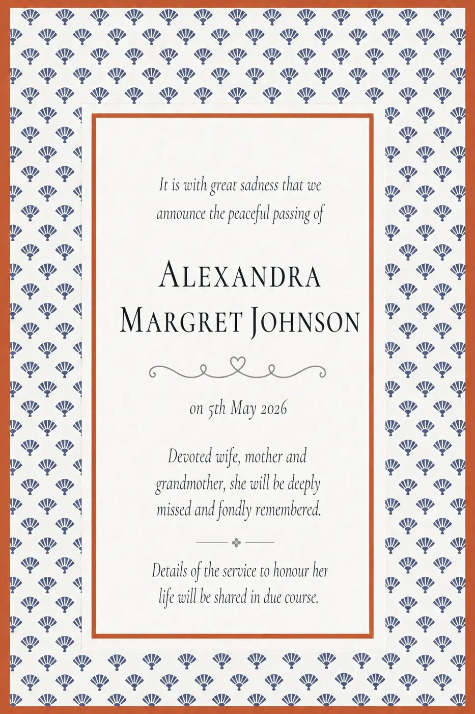 Death notice frame with a blue patterned border and terracotta edge
